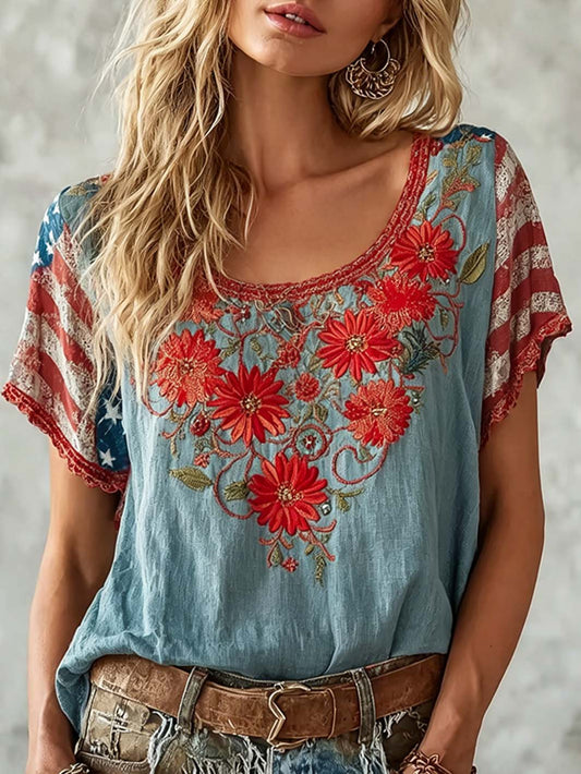 Women's plant and flower embroidery pattern printing linen short-sleeved T-shirt
