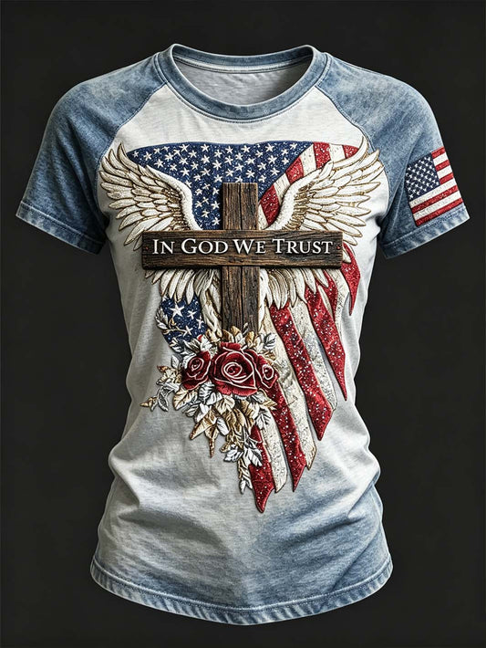 Women's retro American flag element pattern print round neck short sleeve T-shirt