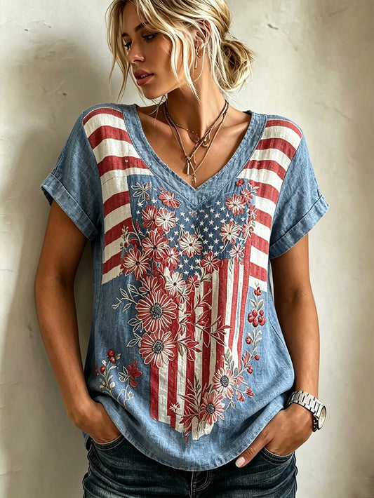 Women's  American flag elements retro print linen short-sleeved T-shirt