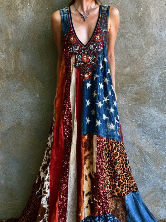 Women's Vintage Floral American Cowhide Leopard Colorblock Print Flowy dress