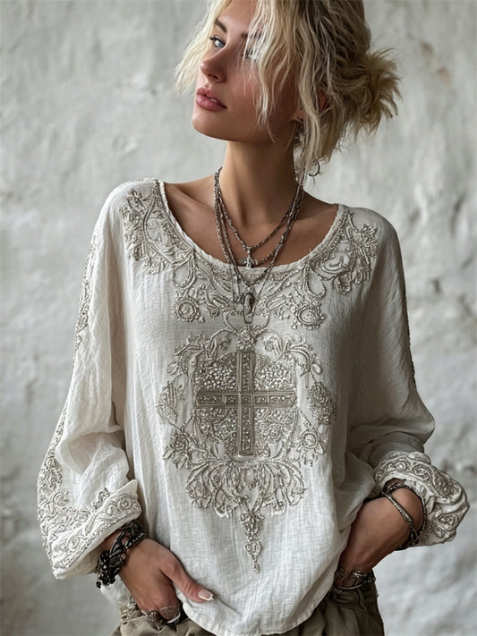Women's Vintage Cross Classy Print Cotton-Linen Shirt