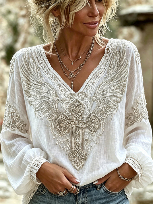 Women's Classy Cross with Wings Celtic Print Cotton-Linen Shirt