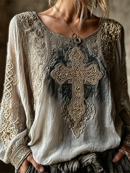 Women's Vintage Cross Celtic Knot Print Cotton-Linen Shirt