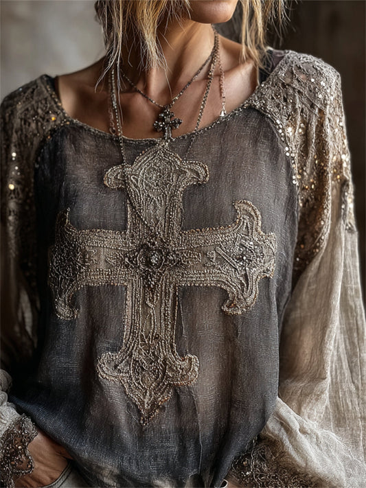 Women's Vintage Celtic Cross Print Contrast Color Cotton-Linen Shirt