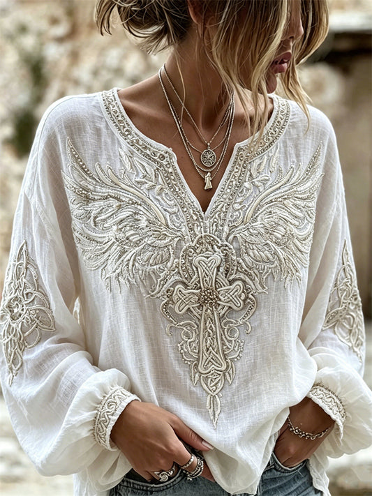 Women's Vintage Celtic Cross with Wings Classy Print Cotton-Linen Shirt