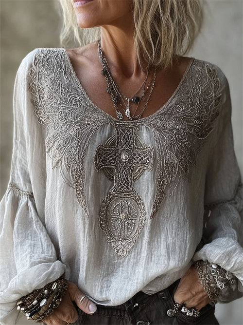 Women's Vintage Celtic Cross & Wings Classy print Cotton-Linen Shirt