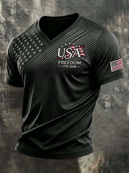 Men's Independence Day Flag Art Short Sleeve V-neck T-shirt