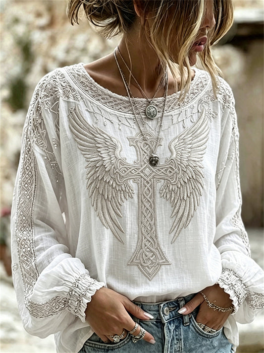 Women's Classy Celtic Cross with Wings Celtic Print Cotton-Linen Shirt