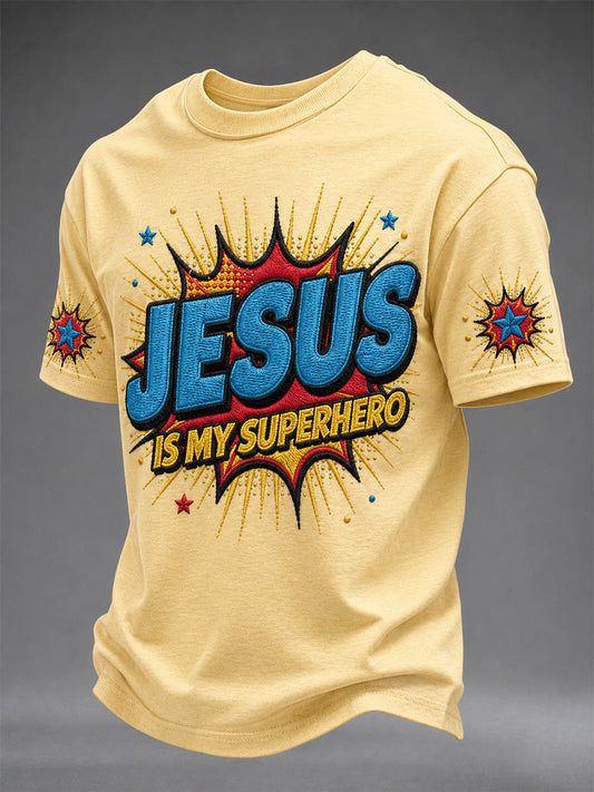 Men's Jesus Is My Superhero Print Casual Tee