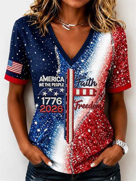 Women's American 1776-2026 Faith Freedom Cross & Flag Print short-sleeved T-shirt
