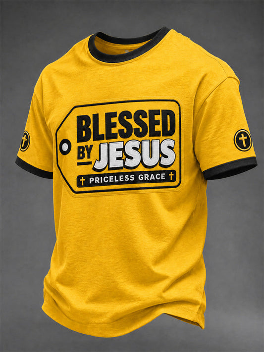 Men's Blessed By Jesus Print Casual Tee