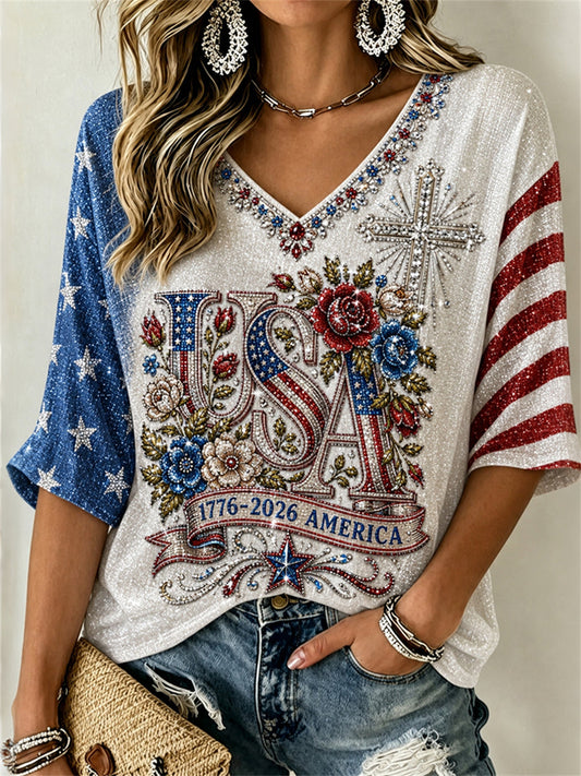 Women's USA 1776-2026 Flag Classy Floral & Cross Print linen short-sleeved T-shirt