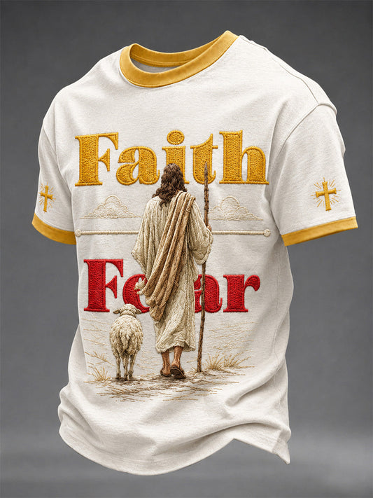 Men's Christian Cross Faith Over Fear Print Casual Tee