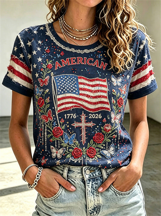 Women's America 1776 2026 Flag & Cross Floral Print short-sleeved T-shirt
