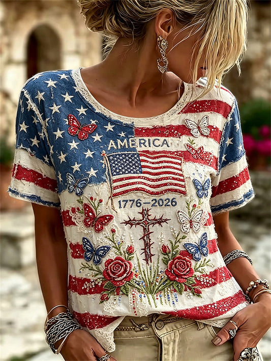 Women's America 1776 2026 Cross Floral Flag Print short-sleeved T-shirt