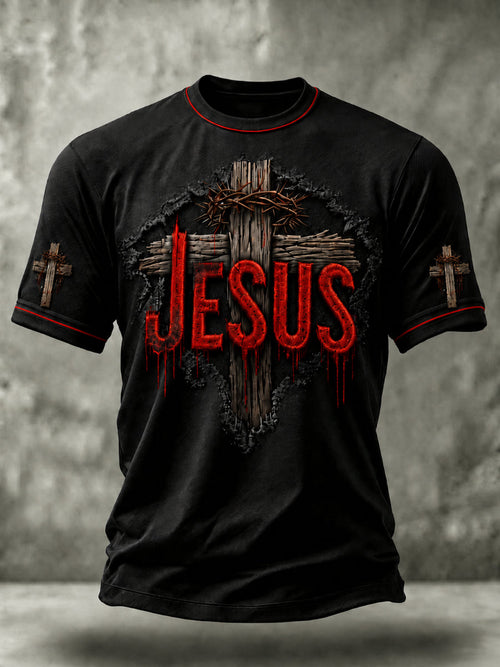 Men's Christian Jesus Cross Print Short Sleeve  T-shirt