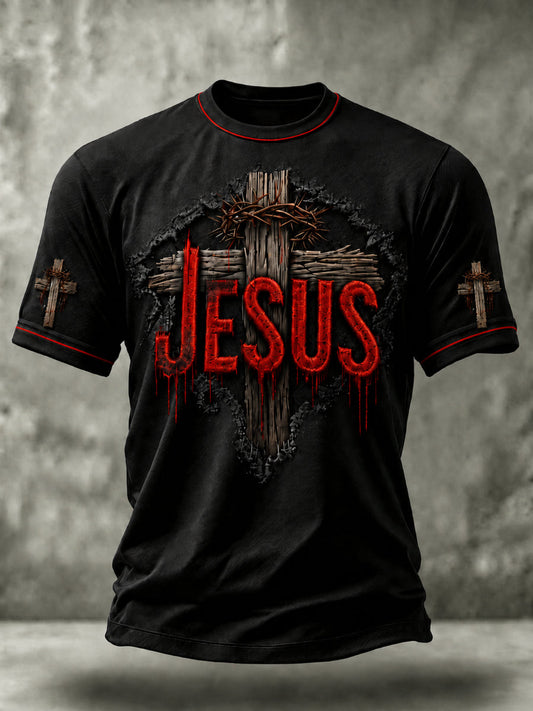 Men's Christian Jesus Cross Print Short Sleeve  T-shirt