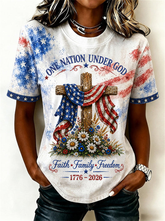 Women's One Nation Under God American Flag Cross Print short-sleeved T-shirt