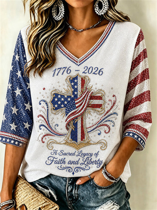 Women's 1776-2026 Faith & Liberty American Flag Cross Print linen T-shirt