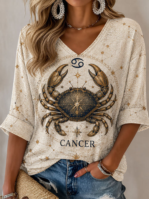 Women's Cancer Horoscope-Themed Retro-Style Casual T-Shirt