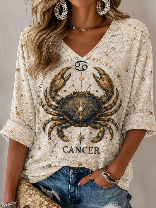 Women's Cancer Horoscope-Themed Retro-Style Casual T-Shirt