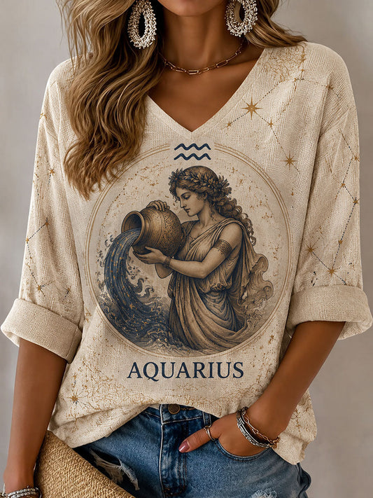 Women's Aquarius Horoscope-Themed Retro-Style Casual T-Shirt