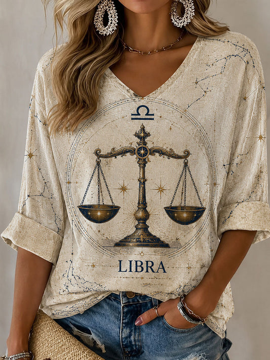 Women's Libra Horoscope-Themed Retro-Style Casual T-Shirt