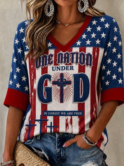 Women's Christian One Nation Under God Cross Mid-length Sleeves V-Neck T-Shirt
