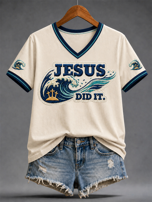 Women's Funny Christian God Print Casual V-Neck Tee