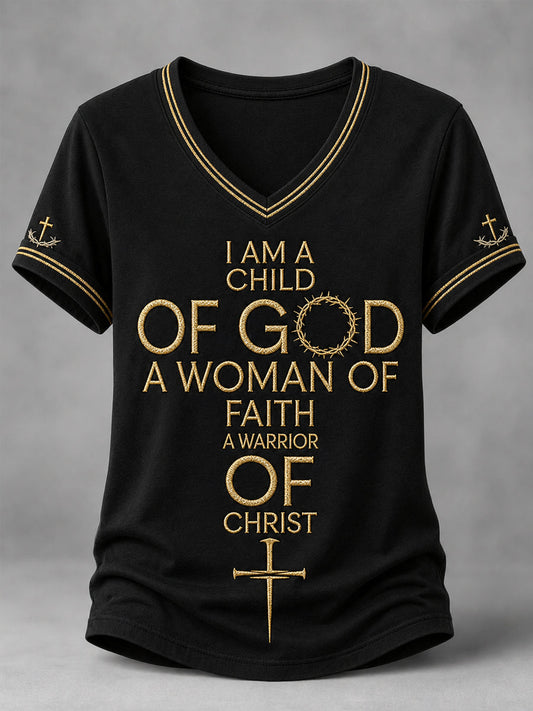 Women's Christian Woman Of God Print Casual V-Neck Tee
