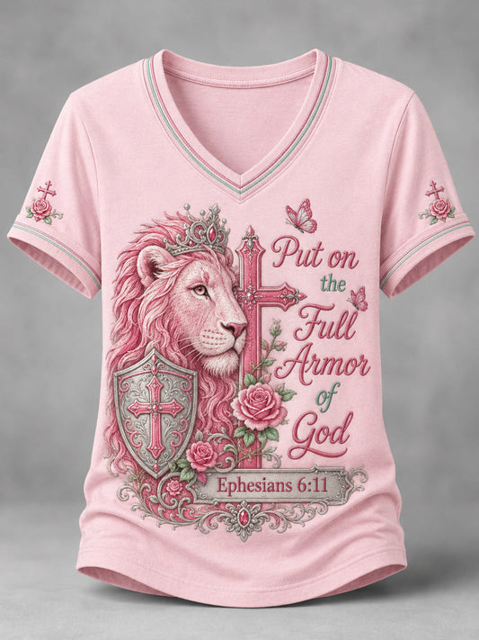 Women's Christian Put On The Full Armor Of God Print Casual V-Neck Tee