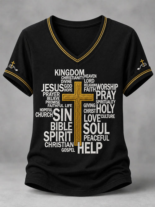 Women's Christian Jesus Print Casual V-Neck Tee
