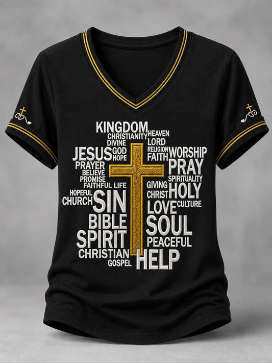 Women's Christian Jesus Print Casual V-Neck Tee