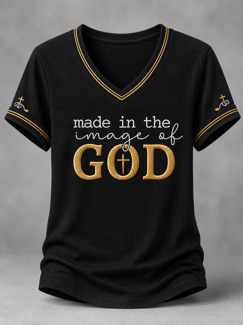 Women's Made In The Image Of God Print Casual V-Neck Tee