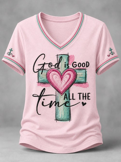 Women's God Is Good All The Time Print Casual V-Neck Tee