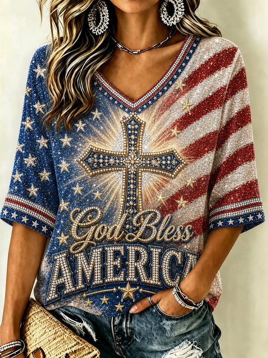 Women's God Bless America Cross & Flag Inspired Print linen T-shirt