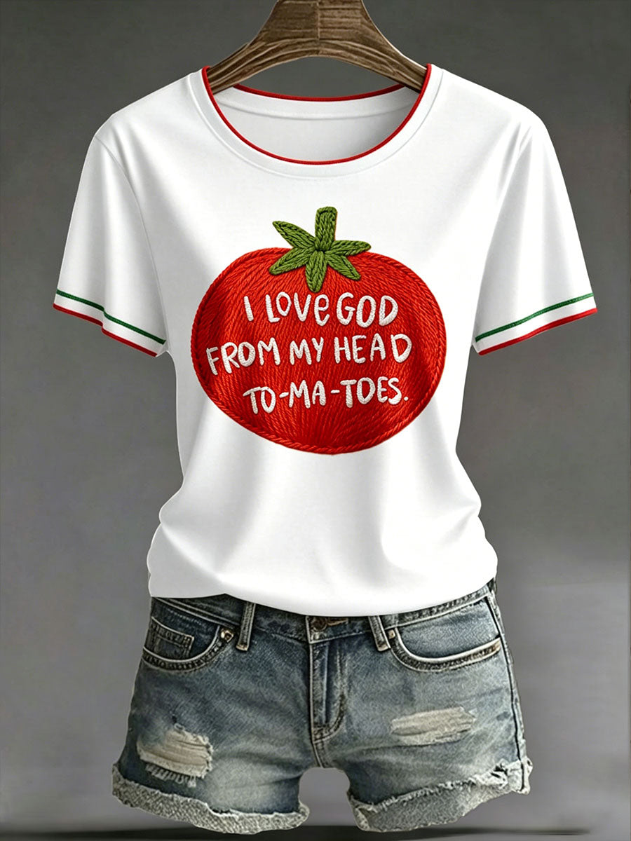 Women's “I Love God From My Head——TO-MA-TOES” Faith Fun Fruit Casual Print T-shirt