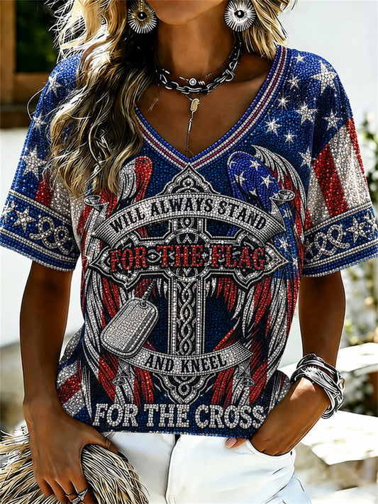 Women's American Stand for the Flag Kneel for the Cross Celtic Cross Print short-sleeved T-shirt