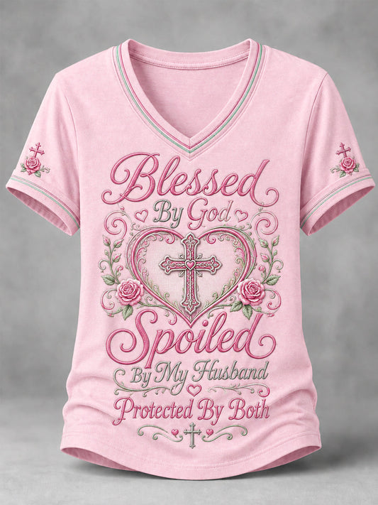 Women's Blessed By God Spoiled By My Husband Protected By Both Cross Print Casual V-Neck Tee