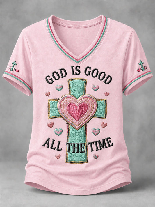 Women's God Is Good All The Time Cross Print Casual V-Neck Tee