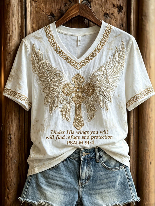 Women's Under His Wings You Will Find Refuge Cross with Wings Print short-sleeved T-shirt
