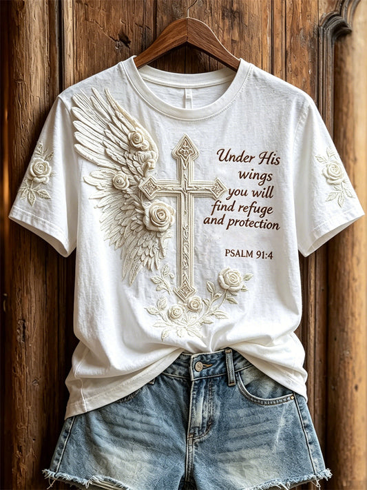 Women's Under His Wings You Will Find Refuge Cross with Wings Floral Print short-sleeved T-shirt