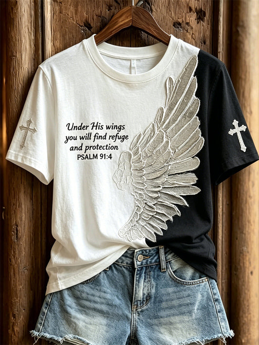 Women's Under His Wings You Will Find Refuge Wings & Cross Print Contrast short-sleeved T-shirt