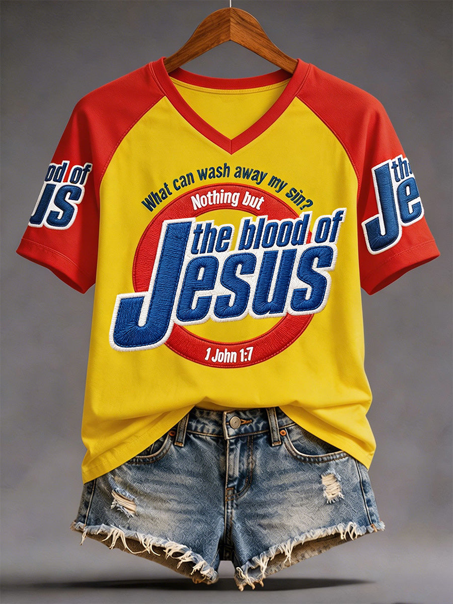 Women's The Blood Of Jesus Print Casual V-Neck Tee