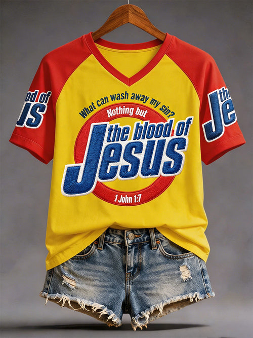 Women's The Blood Of Jesus Print Casual V-Neck Tee