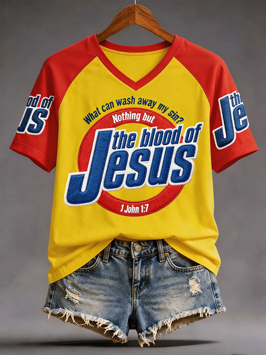 Women's The Blood Of Jesus Print Casual V-Neck Tee