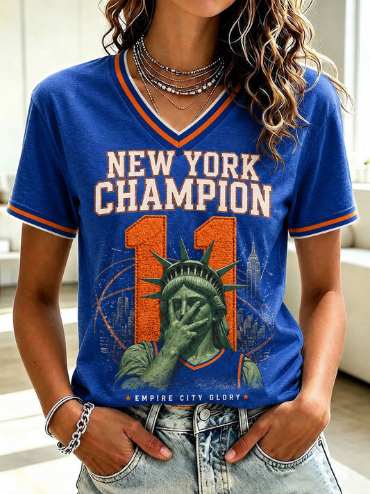 Women's New York Champions 2026 Printed V-neck T-shirt