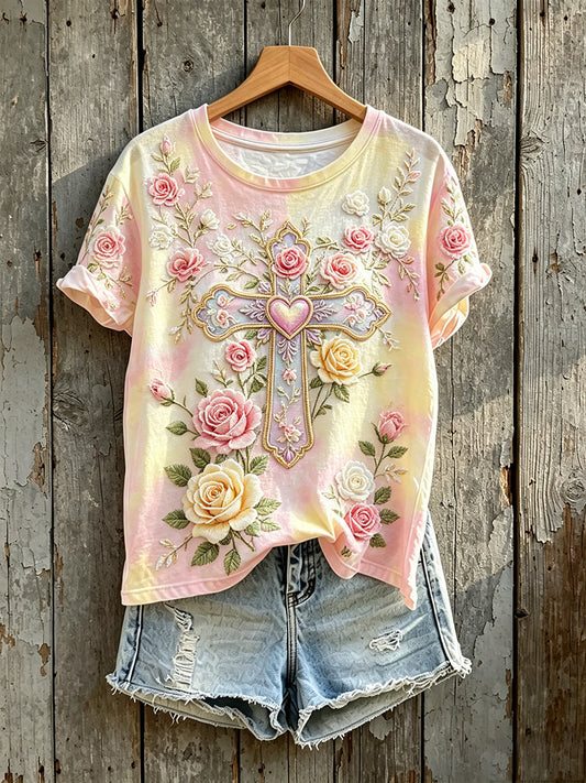 Women's Vintage Floral Cross Faith Art Print Comfy Short-sleeved T-shirt