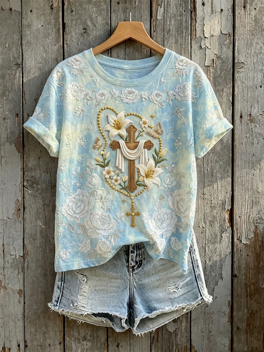 Women's Vintage Floral Cross Print Casual Short-sleeved T-shirt