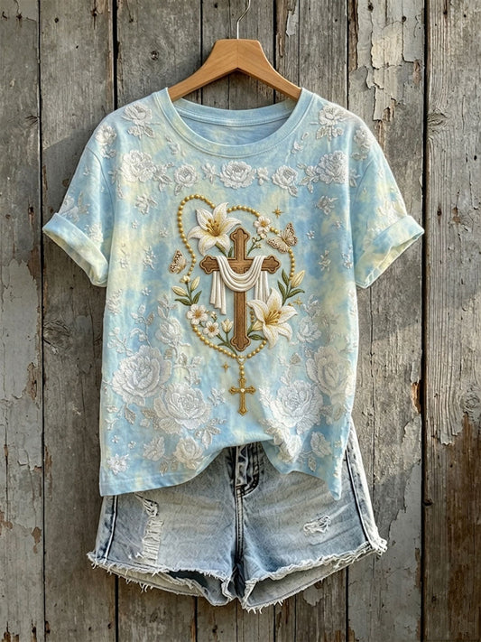 Women's Vintage Floral Cross Print Casual Short-sleeved T-shirt